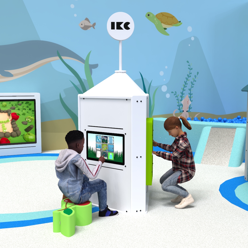 Esta imagen muestra un sistema de juego interactivo Playtower touch white